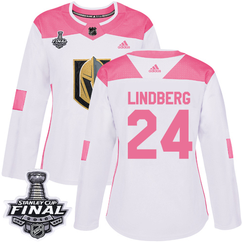 Adidas Golden Knights #24 Oscar Lindberg White/Pink Authentic Fashion 2018 Stanley Cup Final Women's Stitched NHL Jersey